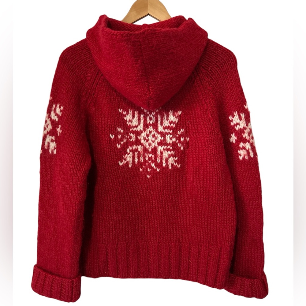 American Eagle Chunky Hand Knit Wool Snowflake Ski Winter Red Hooded Sweater - L - Picture 2 of 8